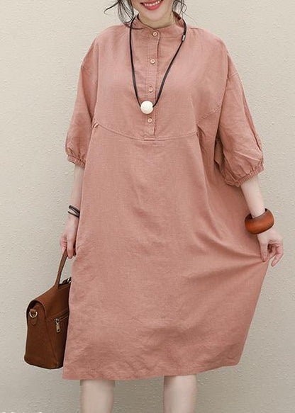 Women pink linen Robes stand collar Batwing Sleeve loose summer Dresses - SooLinen