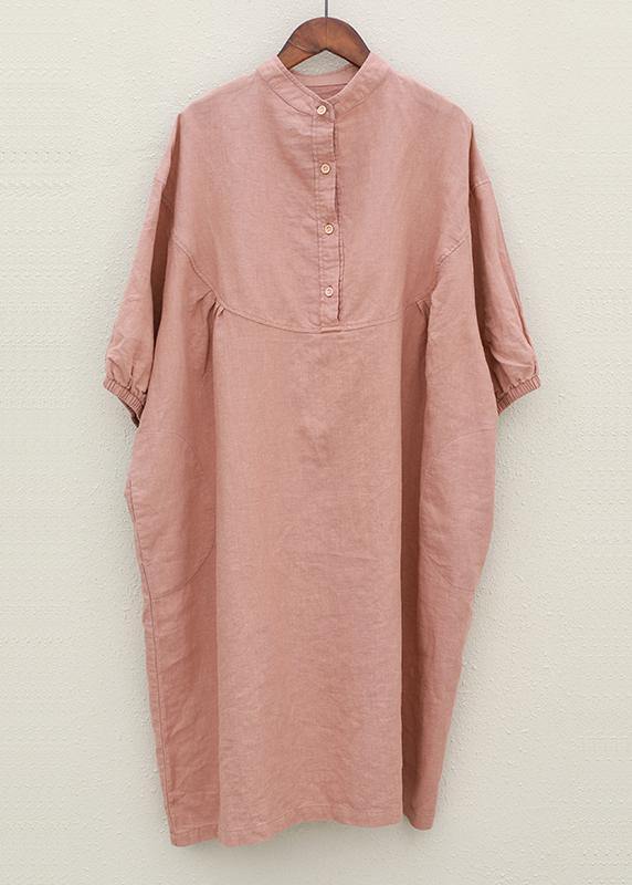Women pink linen Robes stand collar Batwing Sleeve loose summer Dresses - SooLinen