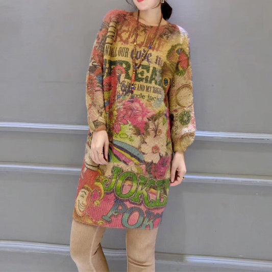 Damen bedruckte, lässige, wilde Pulloverkleider aus Baumwolle mit elastischer Strickhose in Übergröße