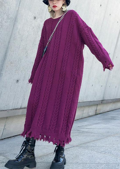 Women purple Sweater dresses Refashion cable Largo tassel sweater dress - SooLinen
