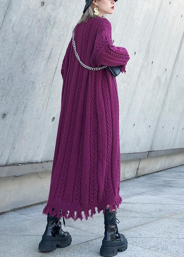 Women purple Sweater dresses Refashion cable Largo tassel sweater dress - SooLinen