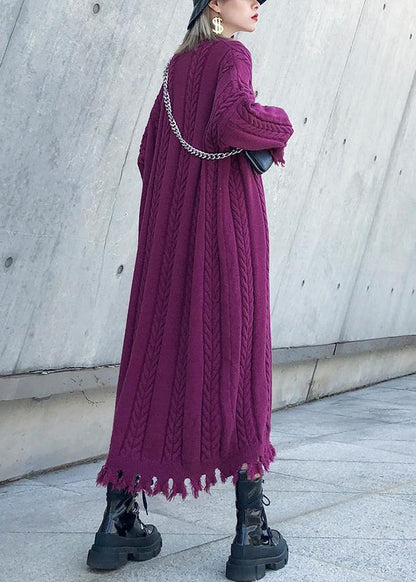 Women purple Sweater dresses Refashion cable Largo tassel sweater dress - SooLinen