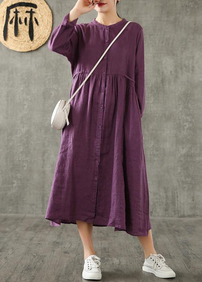 Women purple linen Wardrobes Cinched pockets cotton spring Dress - SooLinen