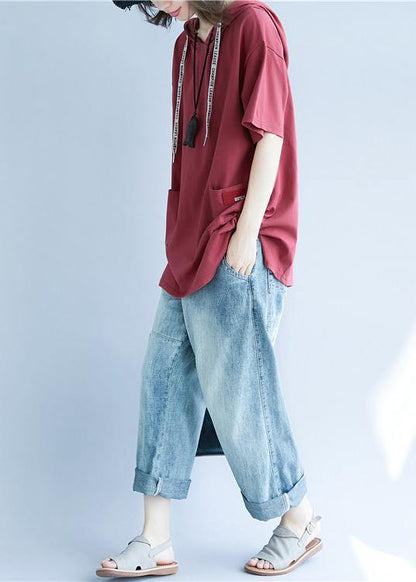 Women red cotton tunic top hooded pockets Dresses summer top - SooLinen
