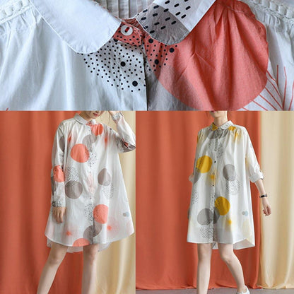 Women red dotted Cotton tunic pattern lapel asymmetric baggy fall Dresses - SooLinen