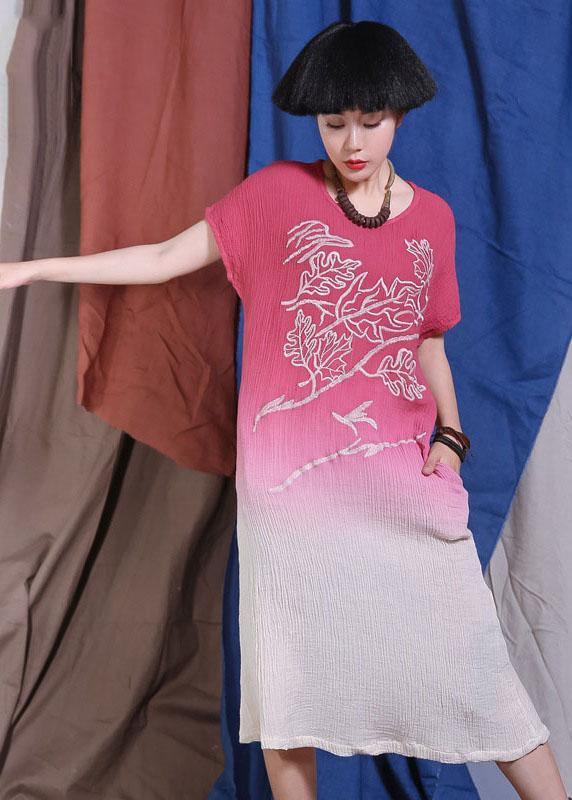 Women red embroidery linen quilting clothes Gradient color Traveling Dresses - SooLinen