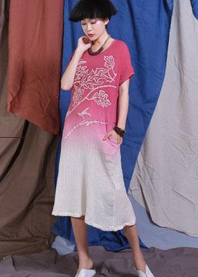 Women red embroidery linen quilting clothes Gradient color Traveling Dresses - SooLinen