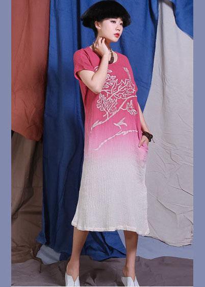 Women red embroidery linen quilting clothes Gradient color Traveling Dresses - SooLinen
