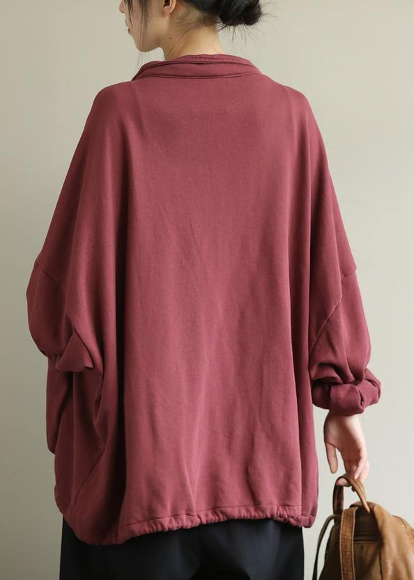 Women red fine coat for woman design stand collar zippered  outwears - SooLinen