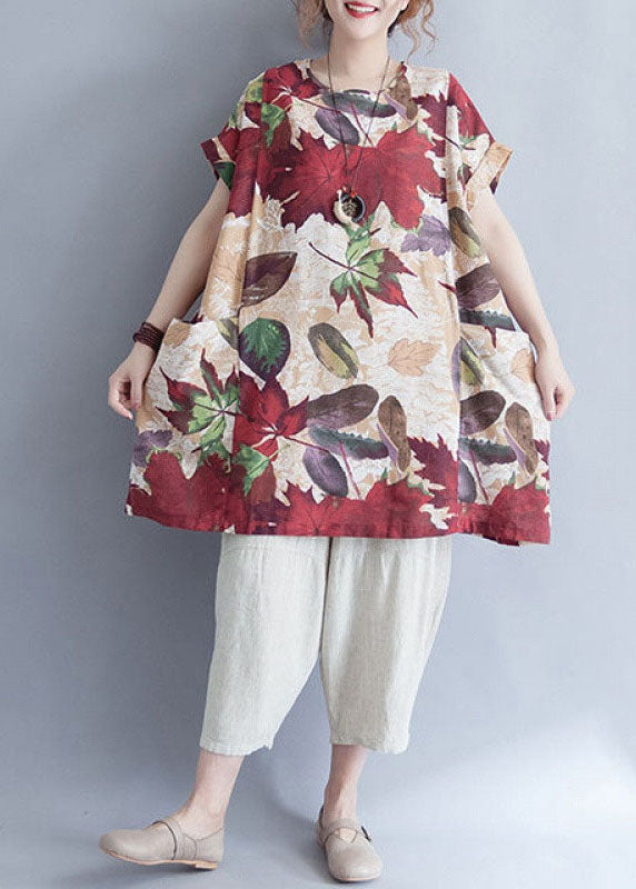 Damen Retro O-Ausschnitt Print Lose Herbst Top Kurzarm