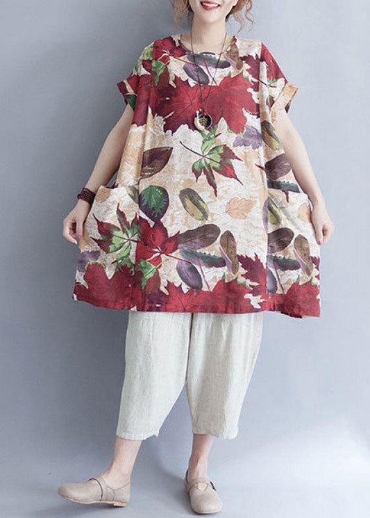 Damen Retro O-Ausschnitt Print Lose Herbst Top Kurzarm