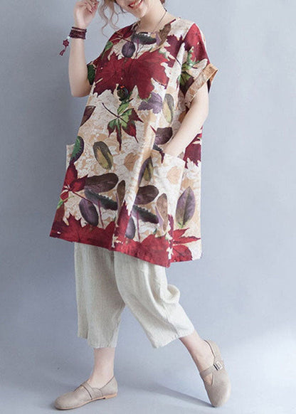 Damen Retro O-Ausschnitt Print Lose Herbst Top Kurzarm