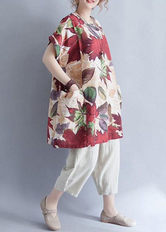 Damen Retro O-Ausschnitt Print Lose Herbst Top Kurzarm