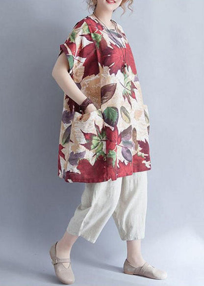 Damen Retro O-Ausschnitt Print Lose Herbst Top Kurzarm