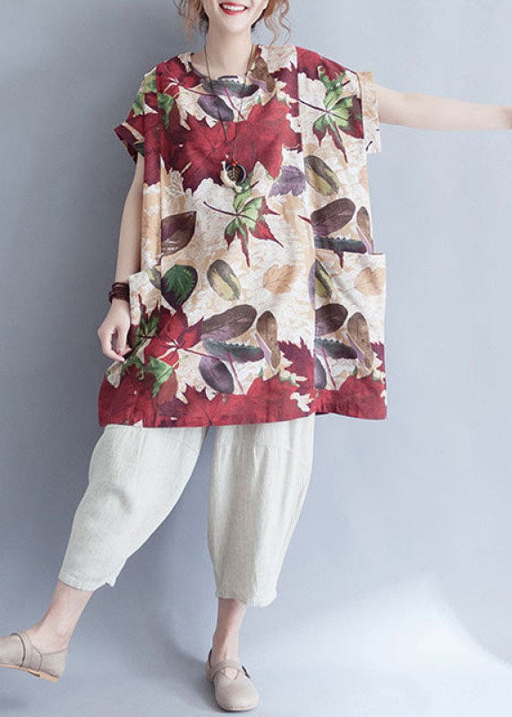 Damen Retro O-Ausschnitt Print Lose Herbst Top Kurzarm