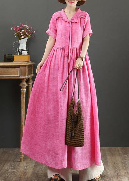 Women rose linen cotton clothes For Women v neck Bow Art summer Dress - SooLinen