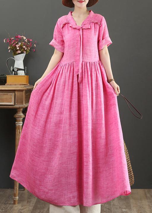 Women rose linen cotton clothes For Women v neck Bow Art summer Dress - SooLinen