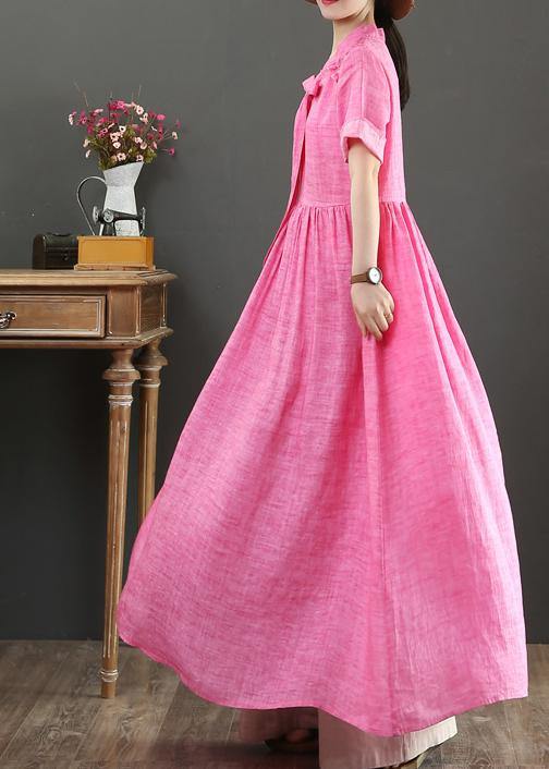 Women rose linen cotton clothes For Women v neck Bow Art summer Dress - SooLinen