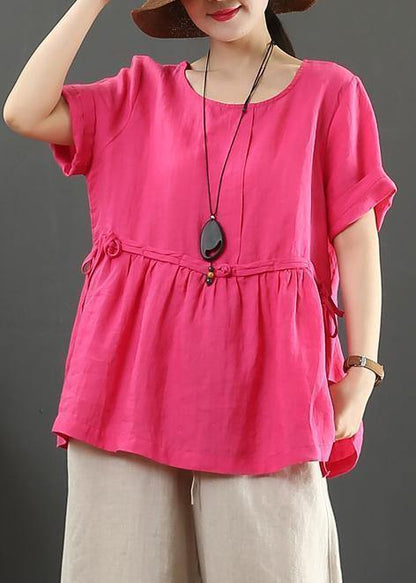 Women rose linen linen tops o neck Plus Size Clothing summer shirts - SooLinen