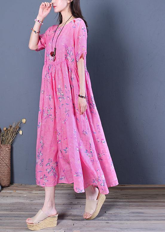 Women rose print chiffon Robes o neck Cinched Maxi Dresses - SooLinen