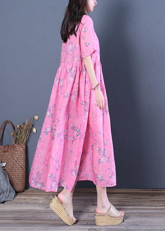 Women rose print chiffon Robes o neck Cinched Maxi Dresses - SooLinen