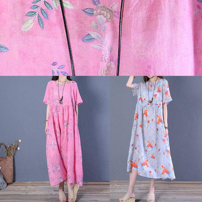 Women rose print chiffon Robes o neck Cinched Maxi Dresses - SooLinen