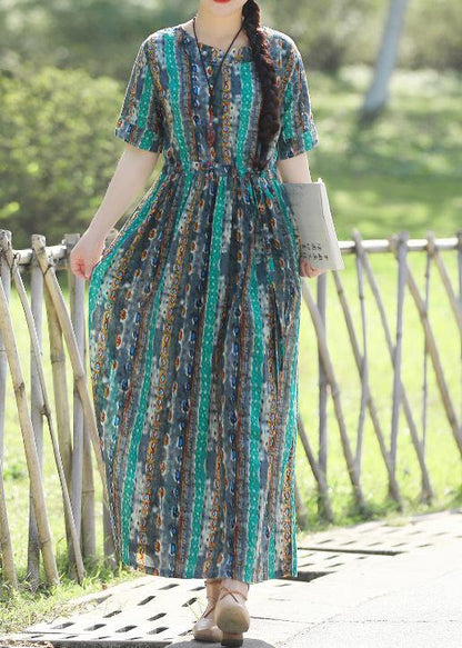 Women short sleeve linen prints dresses pattern green Traveling Dress summer - SooLinen