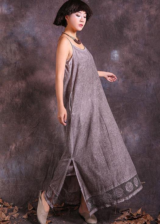 Women side open linen dress Fabrics khaki sleeveless Dresses summer - SooLinen