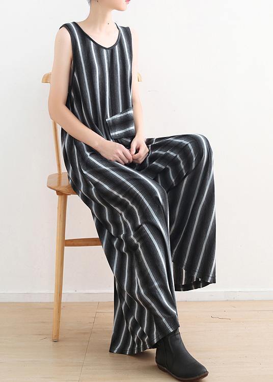 Women sleeveless big pockets cotton quilting pants Sleeveless black striped Plus Size jumpsuit pants summer - SooLinen