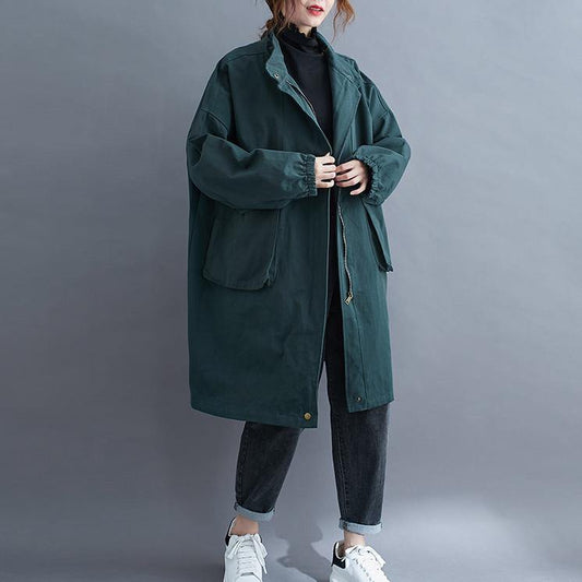 Women stand collar Large pockets Plus Size maxi coat green Midi coat - SooLinen