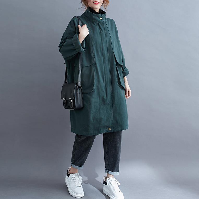 Women stand collar Large pockets Plus Size maxi coat green Midi coat - SooLinen