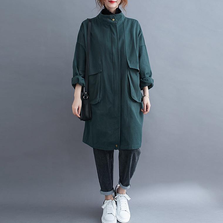 Women stand collar Large pockets Plus Size maxi coat green Midi coat - SooLinen