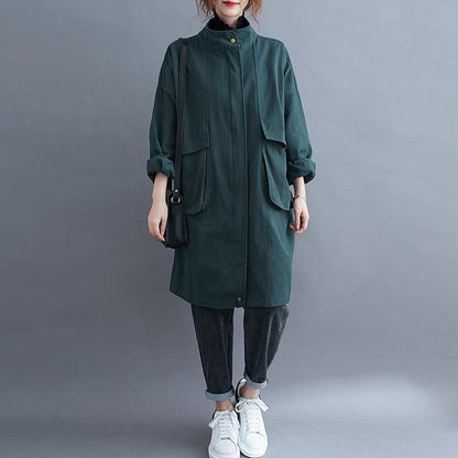 Women stand collar Large pockets Plus Size maxi coat green Midi coat - SooLinen