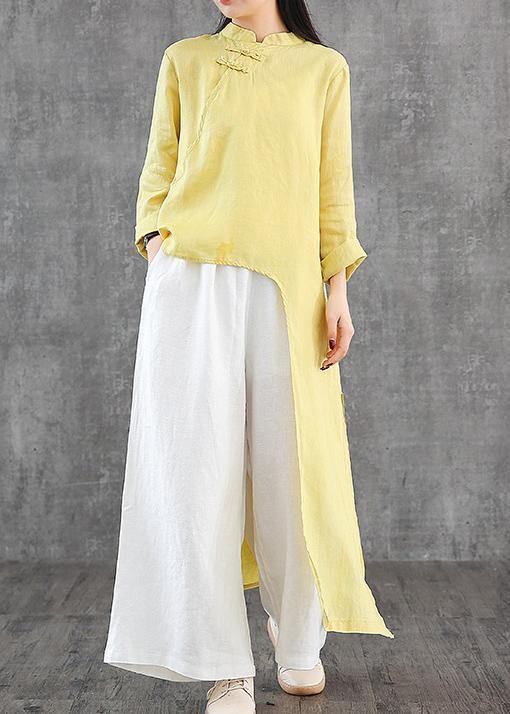 Women stand collar asymmetric linen Wardrobes Inspiration yellow Dress - SooLinen
