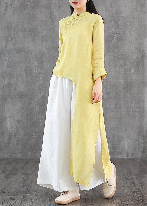Women stand collar asymmetric linen Wardrobes Inspiration yellow Dress - SooLinen