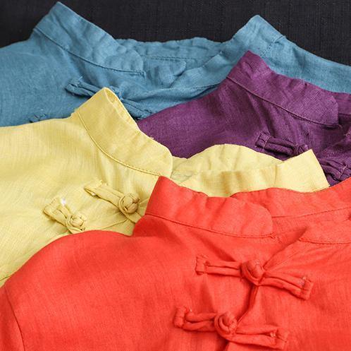 Women stand collar asymmetric linen Wardrobes Inspiration yellow Dress - SooLinen