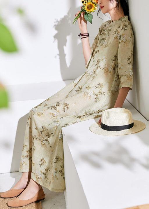 Women stand collar half sleeve linen dress Fabrics light yellow print Dress - SooLinen