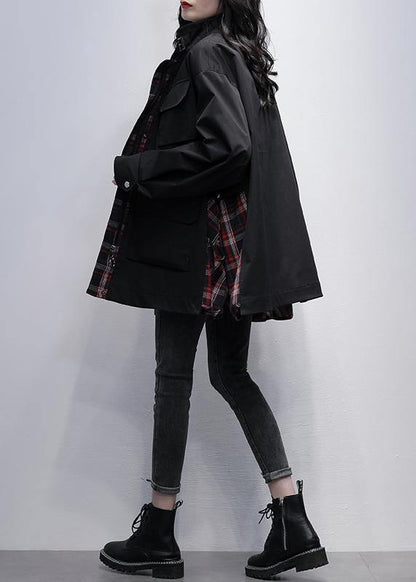 Women stand collar pockets  casual coats khaki patchwork plaid jackets - SooLinen