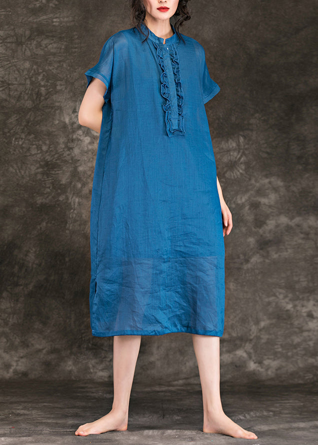 Frauen stehkragen seite offen leinen kleider Mode Weihnachtsgeschenke blau baggy Kleid Sommer