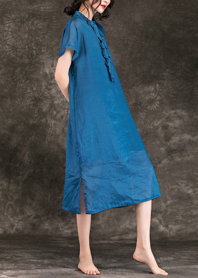 Frauen stehkragen seite offen leinen kleider Mode Weihnachtsgeschenke blau baggy Kleid Sommer