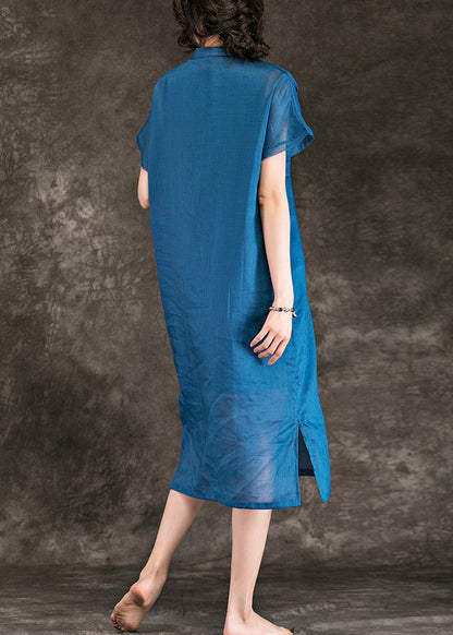 Frauen stehkragen seite offen leinen kleider Mode Weihnachtsgeschenke blau baggy Kleid Sommer