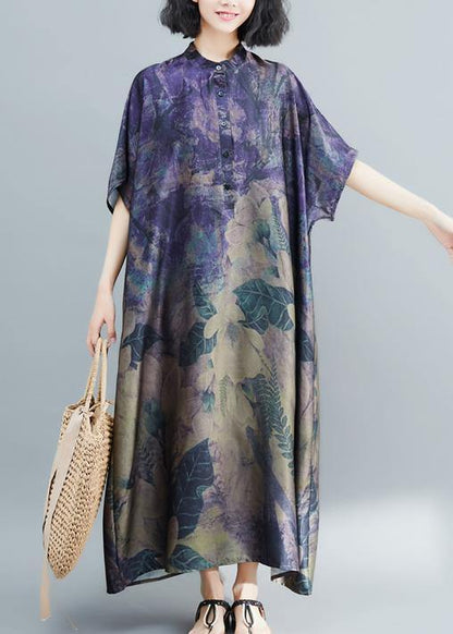 Women stand collar tunic dress Runway dark purple print Robe Dress summer - SooLinen