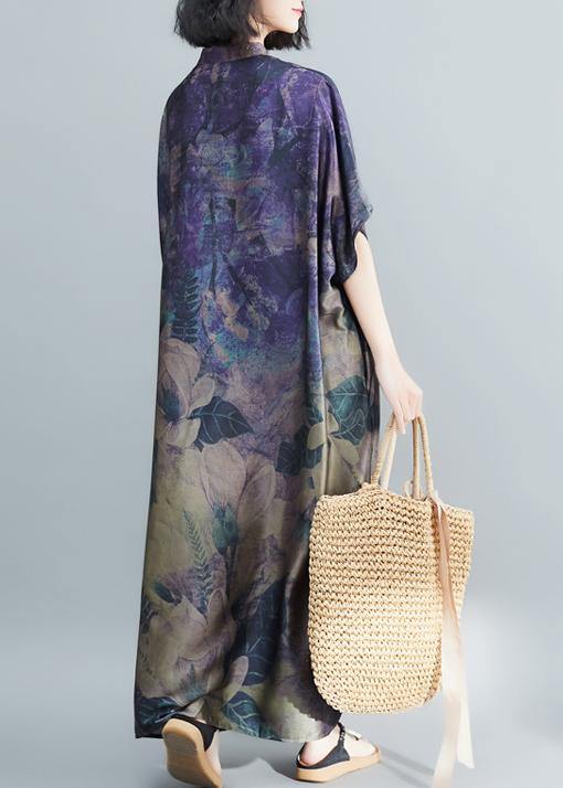 Women stand collar tunic dress Runway dark purple print Robe Dress summer - SooLinen