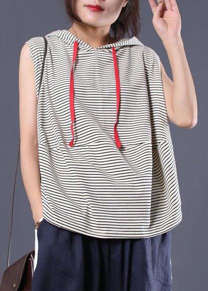 Women striped hooded cotton clothes sleeveless cotton summer top - SooLinen