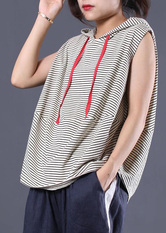 Women striped hooded cotton clothes sleeveless cotton summer top - SooLinen