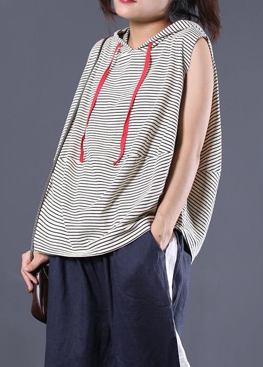 Women striped hooded cotton clothes sleeveless cotton summer top - SooLinen