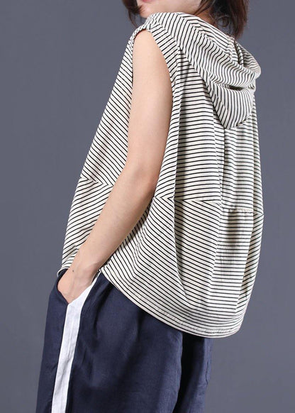 Women striped hooded cotton clothes sleeveless cotton summer top - SooLinen
