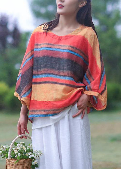 Women striped linen shirts women o neck Batwing Sleeve loose summer blouses - SooLinen