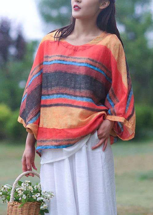 Women striped linen shirts women o neck Batwing Sleeve loose summer blouses - SooLinen
