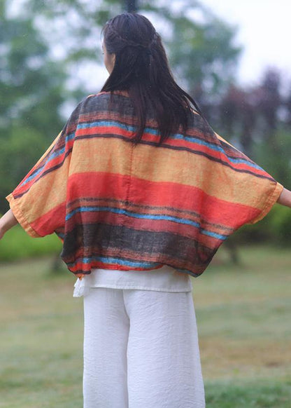 Women striped linen shirts women o neck Batwing Sleeve loose summer blouses - SooLinen